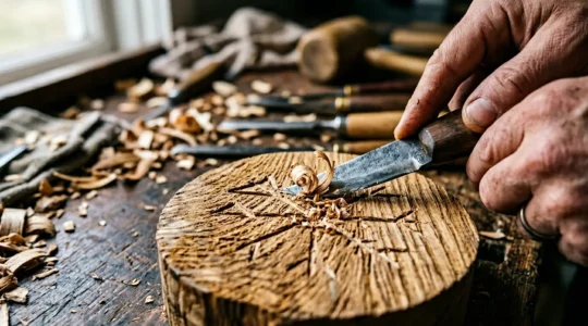 Mains gravant des symboles runiques sur une rondelle de bois de frêne, avec des copeaux et outils traditionnels en arrière-plan
