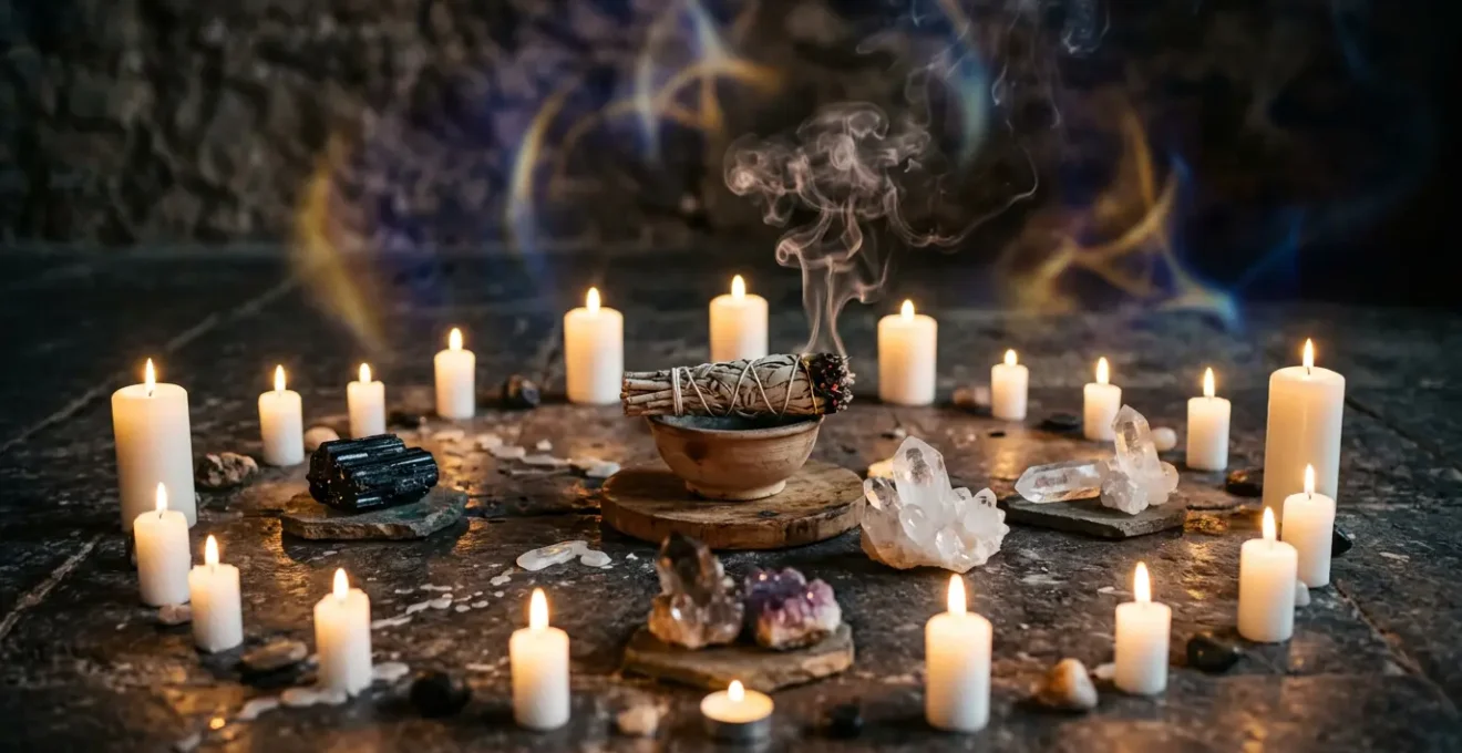 Protection spirituelle lors d'une séance médiumnique avec chandelles et cristaux créant une barrière lumineuse