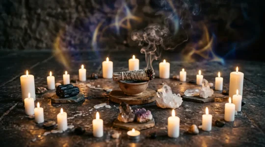 Protection spirituelle lors d'une séance médiumnique avec chandelles et cristaux créant une barrière lumineuse