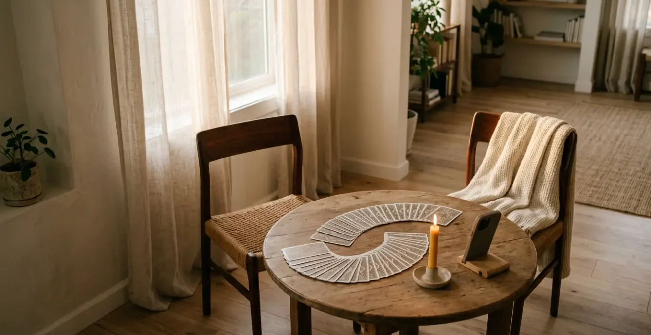 Consultation de voyance à distance avec cartes de tarot dans un intérieur chaleureux