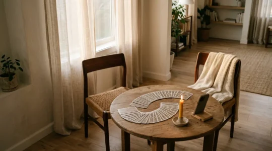 Consultation de voyance à distance avec cartes de tarot dans un intérieur chaleureux