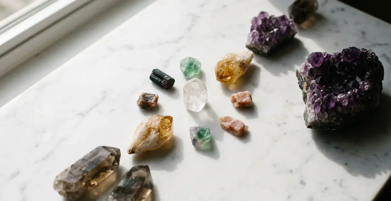 Composition élégante de cristaux et pierres naturelles sur surface neutre avec jeu de lumière et ombres douces