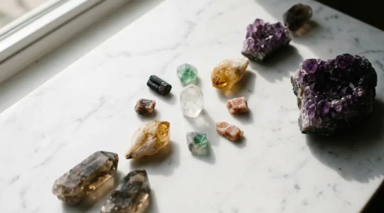 Composition élégante de cristaux et pierres naturelles sur surface neutre avec jeu de lumière et ombres douces