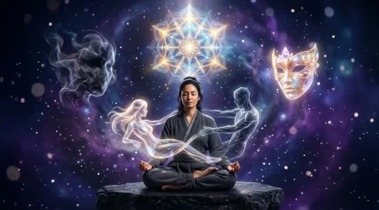 Méditation intérieure avec symboles archétypaux jungiens flottant dans une atmosphère onirique