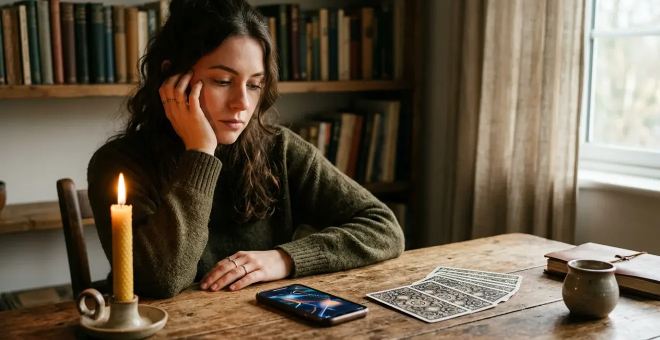 Personne contemplative devant un écran reflétant des cartes de tarot dans une atmosphère méditative