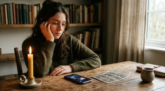 Personne contemplative devant un écran reflétant des cartes de tarot dans une atmosphère méditative