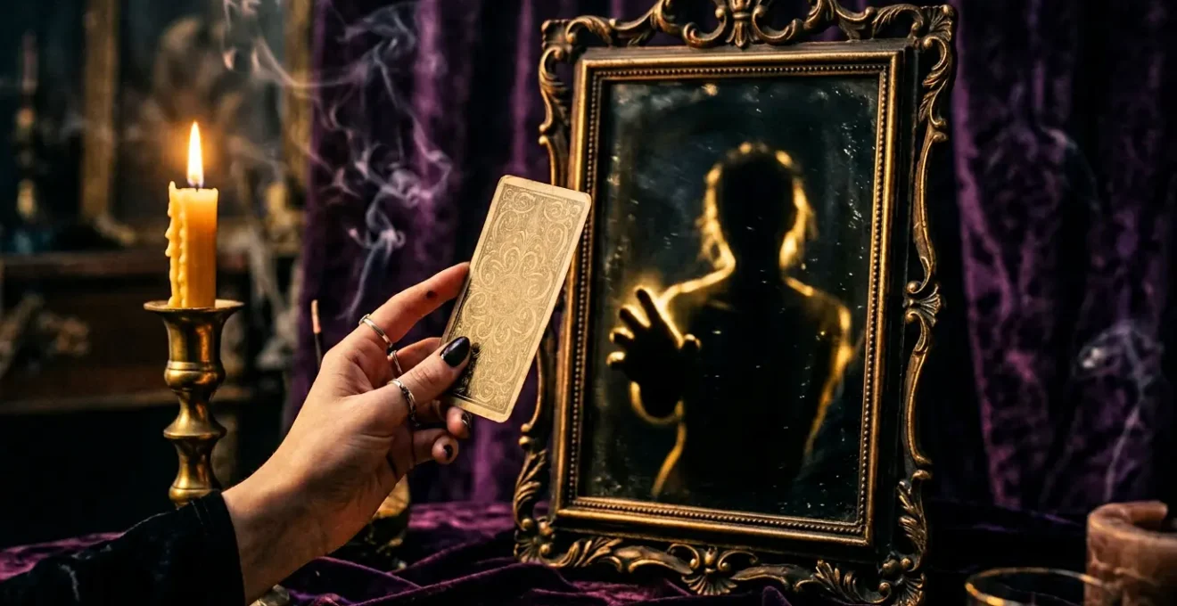 Main tenant une carte de tarot face à un miroir reflétant une silhouette obscure, symbolisant l'exploration de la part d'ombre en tarologie psychologique