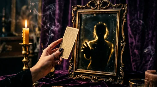 Main tenant une carte de tarot face à un miroir reflétant une silhouette obscure, symbolisant l'exploration de la part d'ombre en tarologie psychologique