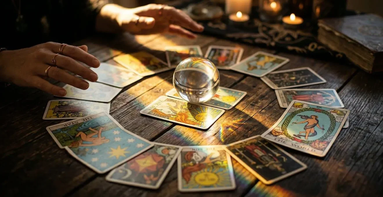 Cartes de tarot disposées en cercle avec une lumière dorée émanant du centre, symbolisant l'évolution spirituelle
