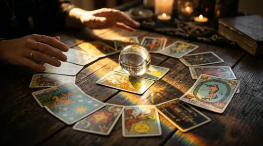 Cartes de tarot disposées en cercle avec une lumière dorée émanant du centre, symbolisant l'évolution spirituelle