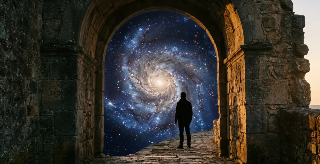 Représentation symbolique des transits astrologiques à 40 ans avec spirale cosmique et silhouette en méditation