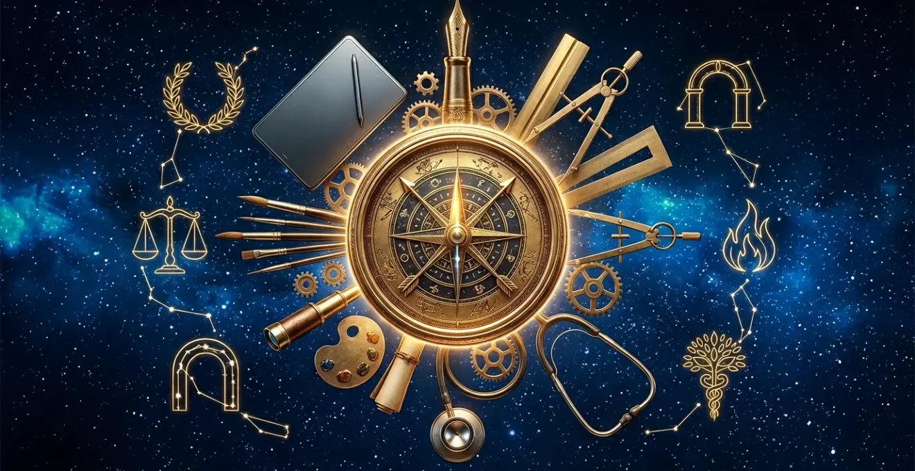 Composition symbolique avec une boussole cosmique dorée au centre, des constellations lumineuses en arrière-plan et des objets représentant différentes professions