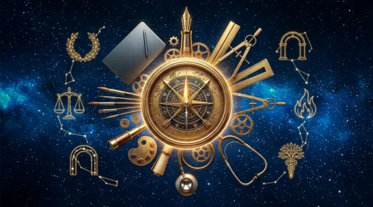 Composition symbolique avec une boussole cosmique dorée au centre, des constellations lumineuses en arrière-plan et des objets représentant différentes professions
