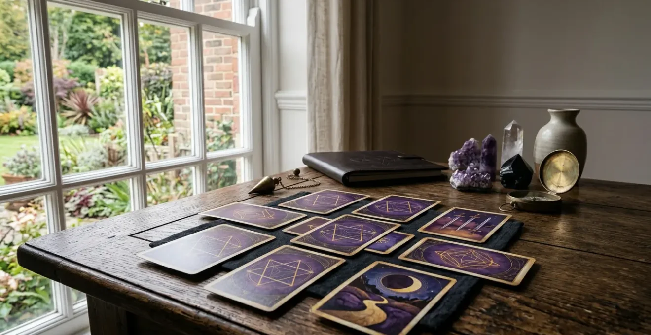 Cartes de tarot disposées en éventail sur une table en bois, avec un pendule doré et des éléments symboliques professionnels en arrière-plan flou
