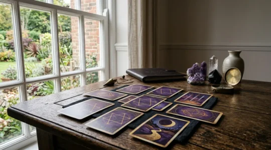 Cartes de tarot disposées en éventail sur une table en bois, avec un pendule doré et des éléments symboliques professionnels en arrière-plan flou