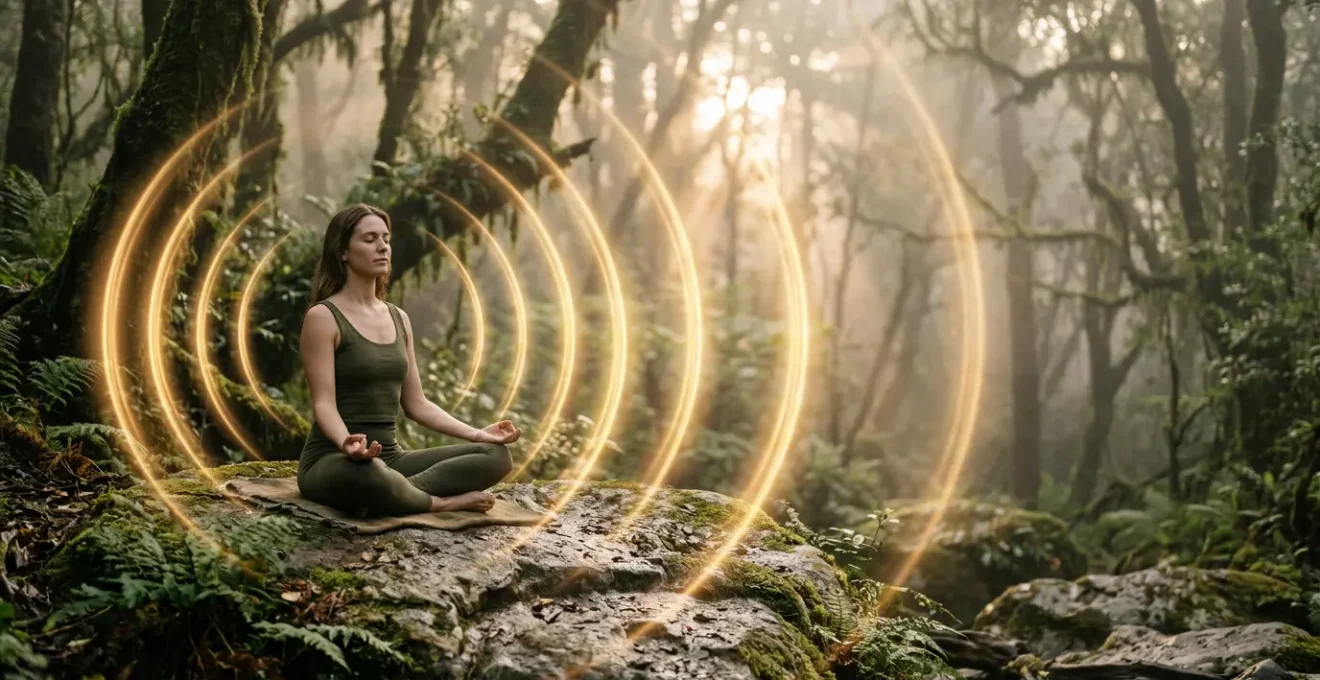 Personne en méditation entourée d'ondes vibratoires dorées dans un environnement naturel apaisant