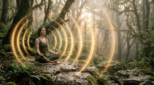 Personne en méditation entourée d'ondes vibratoires dorées dans un environnement naturel apaisant