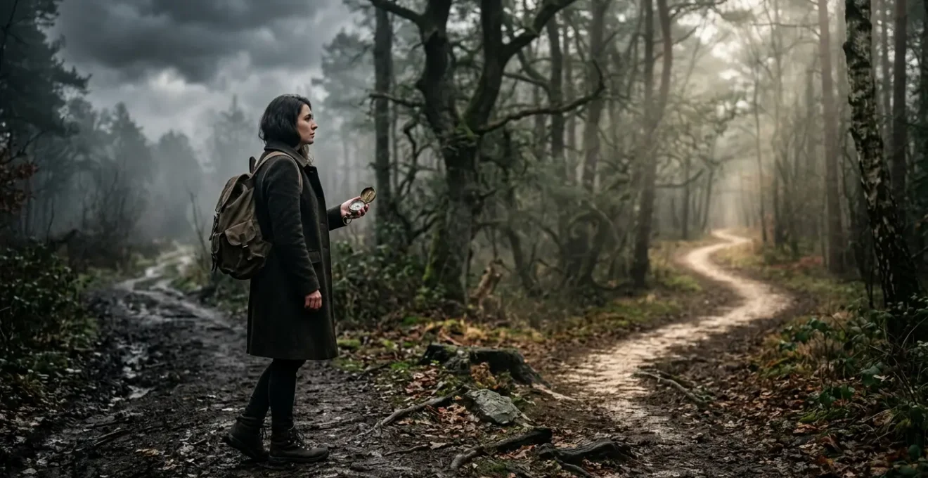 Personne contemplant deux chemins divergents symbolisant le choix et le libre arbitre face aux prédictions
