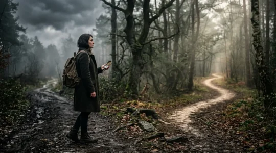 Personne contemplant deux chemins divergents symbolisant le choix et le libre arbitre face aux prédictions