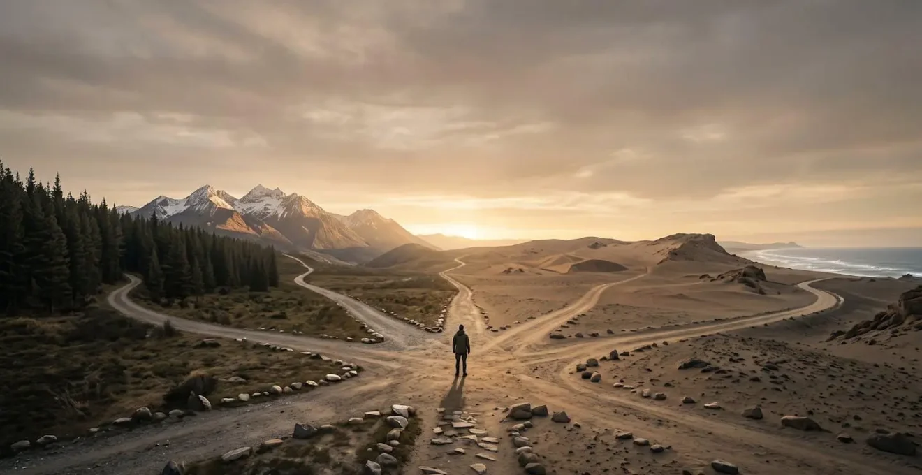 Personne contemplant un carrefour lumineux avec sept chemins divergents dans un paysage minimaliste