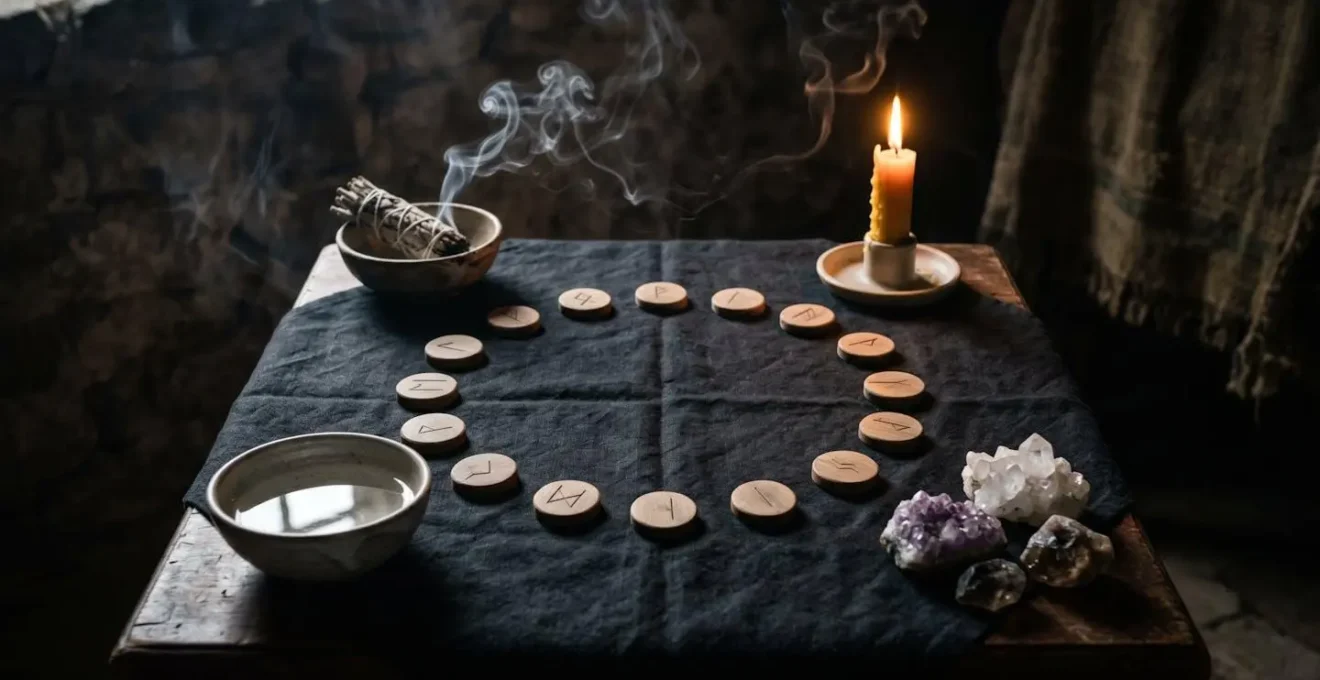 Jeu de runes disposées en cercle autour d'une bougie, avec de l'encens, un bol d'eau et des cristaux représentant les éléments