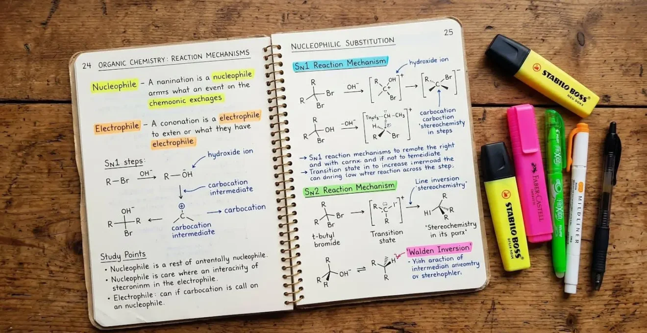 Carnet de notes ouvert avec surligneurs colorés et notes manuscrites sur fond de bureau en bois