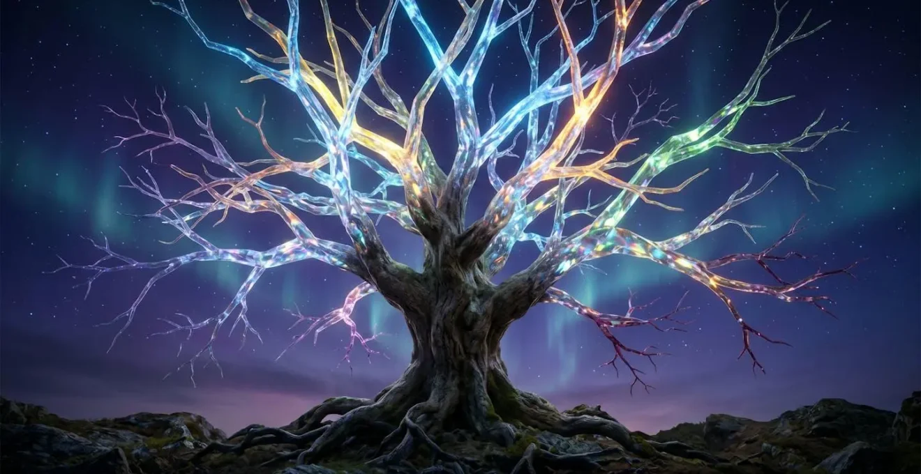 Arbre luminescent aux branches multiples représentant les différentes probabilités du futur