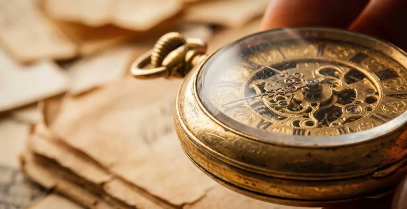 Main tenant délicatement une vieille horloge de poche dorée au-dessus de documents anciens flous
