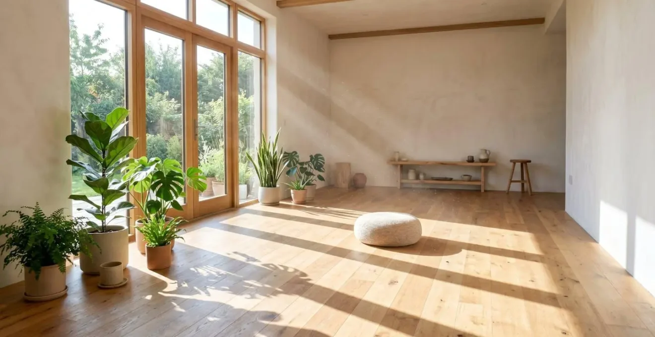 Intérieur lumineux d'un salon épuré avec plantes vertes et lumière naturelle filtrant à travers les fenêtres