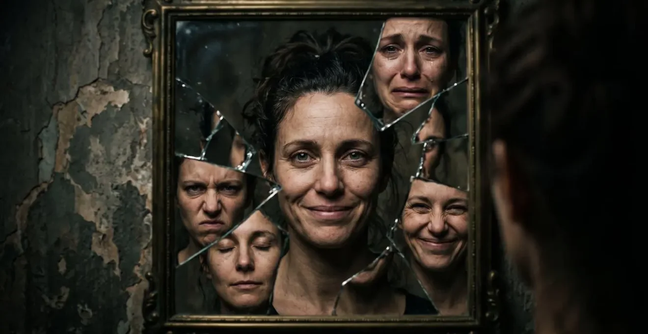 Personne face à un miroir fragmenté montrant différentes facettes émotionnelles de son visage