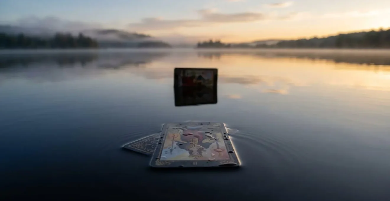 Carte de tarot posée à l'envers sur une surface d'eau créant un reflet, symbolisant la dualité blocage interne versus influence externe