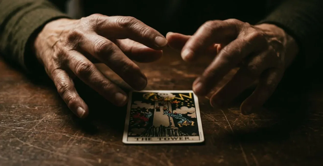 Gros plan sur une carte de tarot La Tour avec des mains hésitantes au-dessus, symbolisant la réactance psychologique face aux cartes difficiles