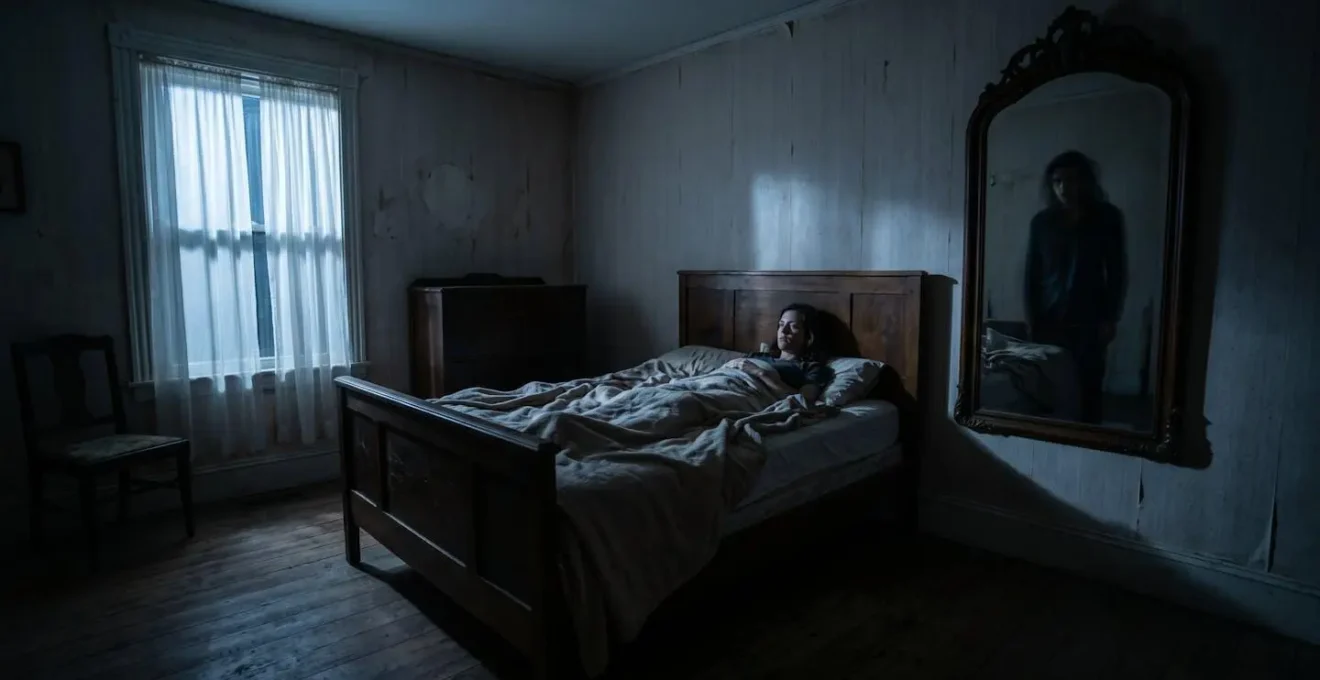 Chambre à coucher sombre avec un miroir ancien face au lit, créant une atmosphère inquiétante