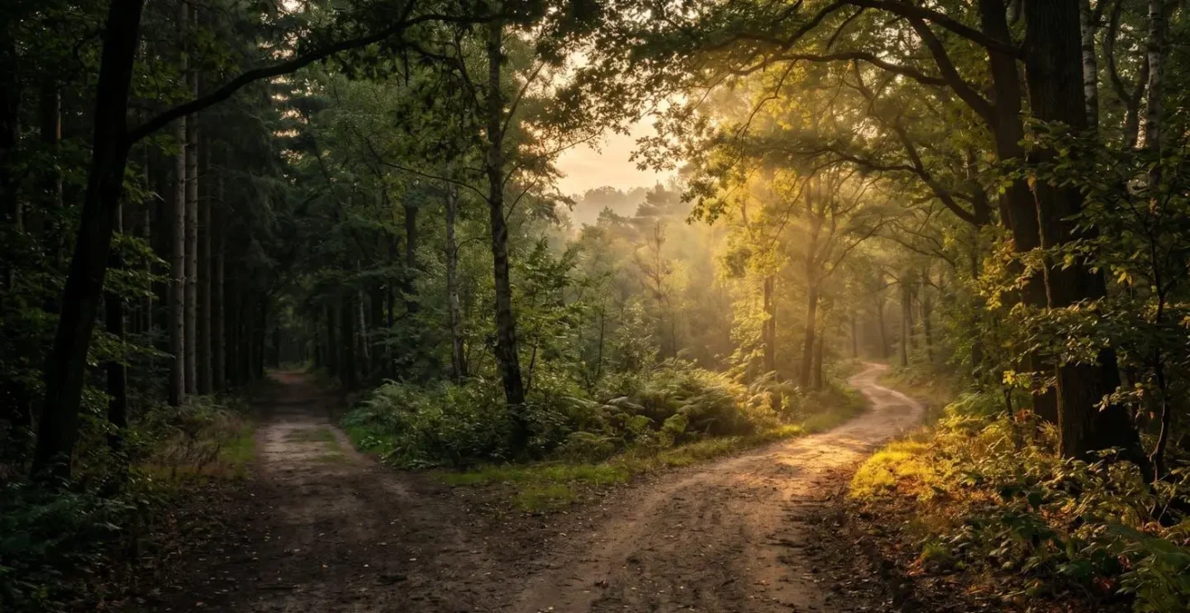Sentier forestier se divisant en deux chemins, l'un éclairé par une lumière dorée naturelle