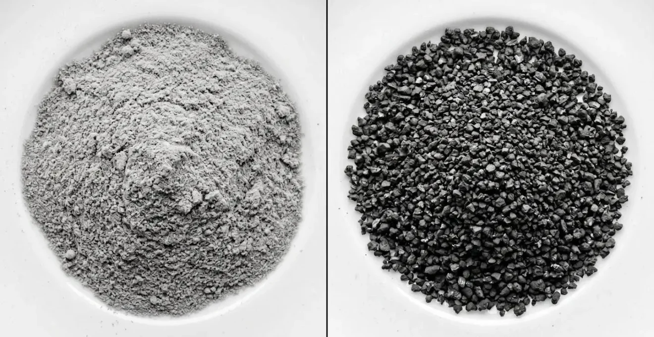 Comparaison macro de deux types de mouture de café côte à côte : une poudre fine et une mouture plus granuleuse.