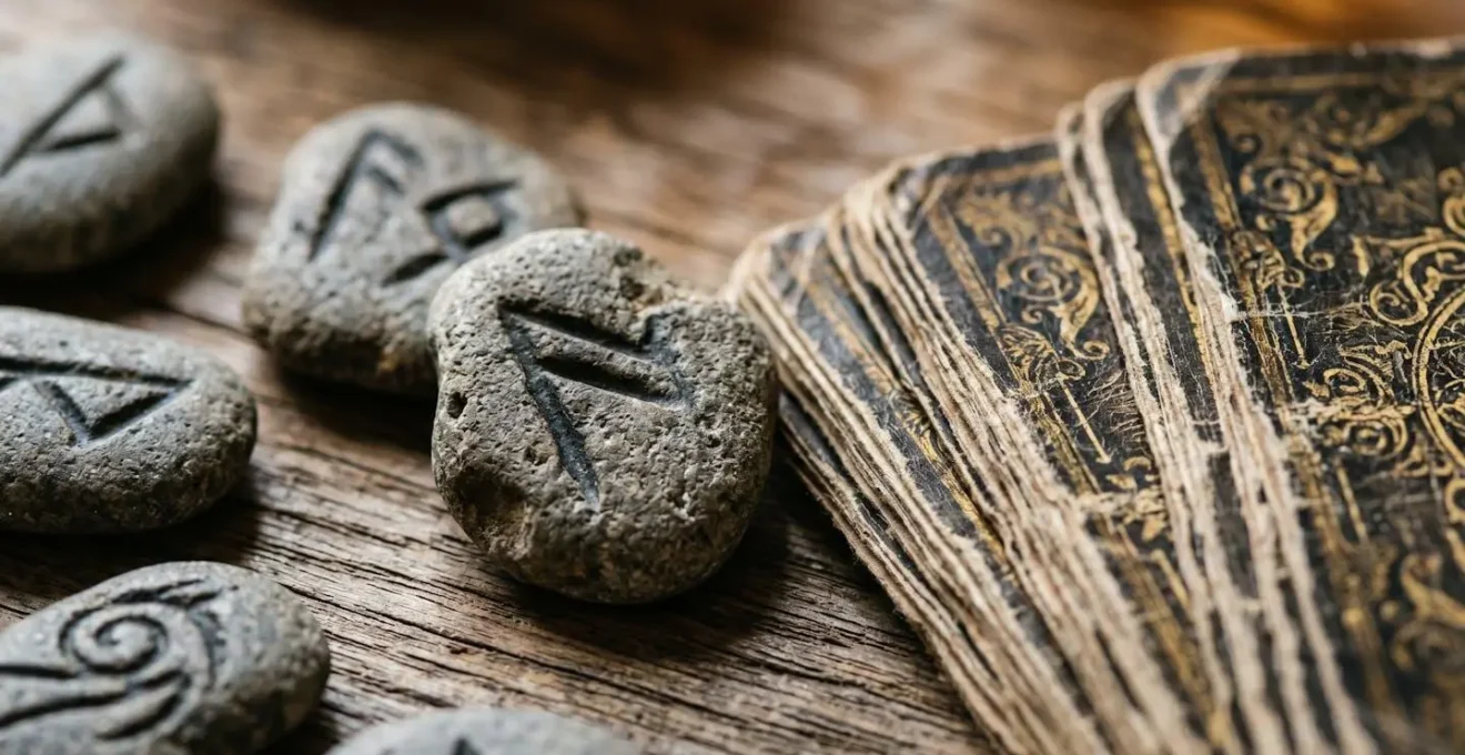 Gros plan sur des runes en pierre et cartes de tarot disposées sur une surface en bois naturel