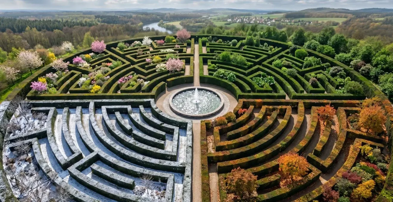 Vue aérienne d'un labyrinthe de jardin divisé en quatre sections représentant les saisons et les trimestres de l'année