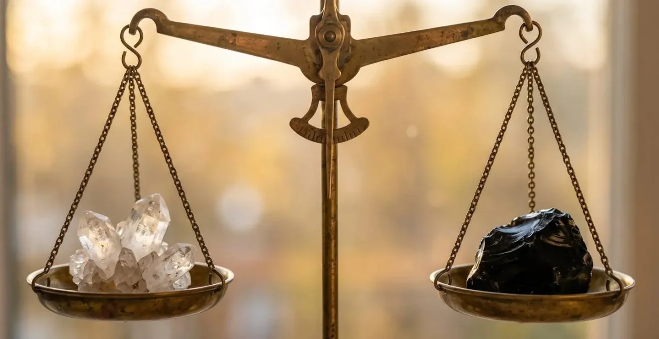 Balance cosmique avec un cristal de quartz clair et une pierre d'obsidienne noire en parfait équilibre.