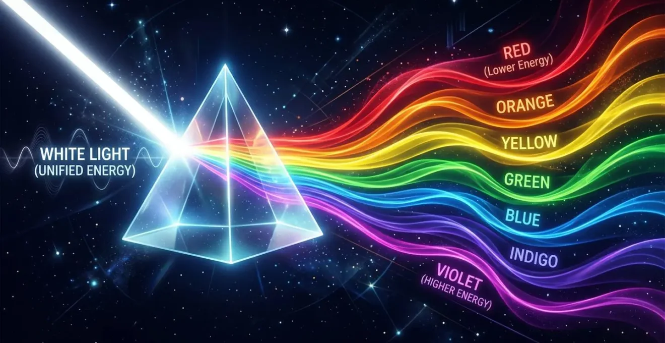 Image symbolique montrant des ondes lumineuses traversant un prisme, séparant différentes couleurs représentant les énergies
