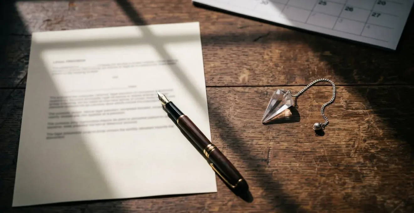 Bureau avec formulaire de rétractation et pendule posé à côté