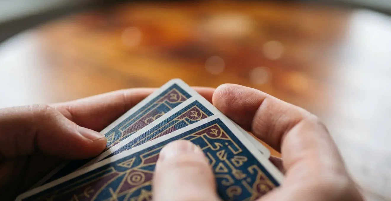 Mains tenant des cartes de tarot avec lumière douce et ombres expressives