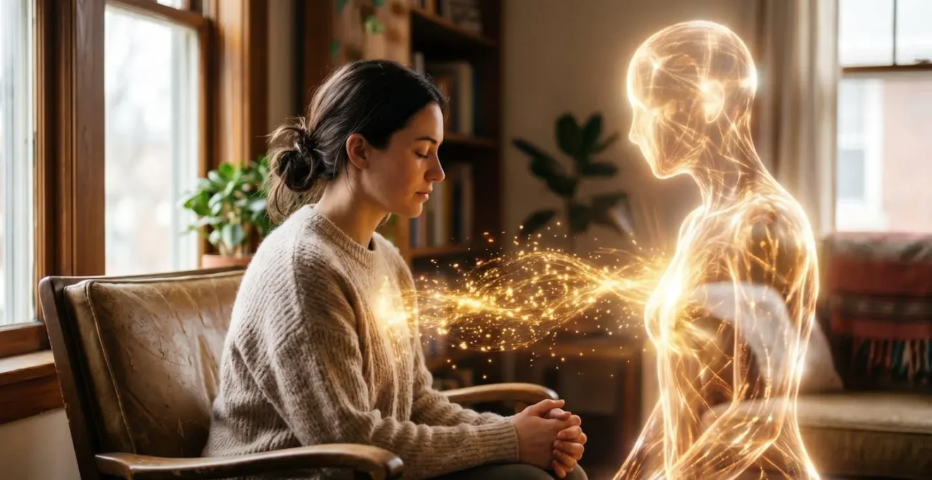 Personne en méditation dialoguant avec une figure archétypale lumineuse dans un espace onirique