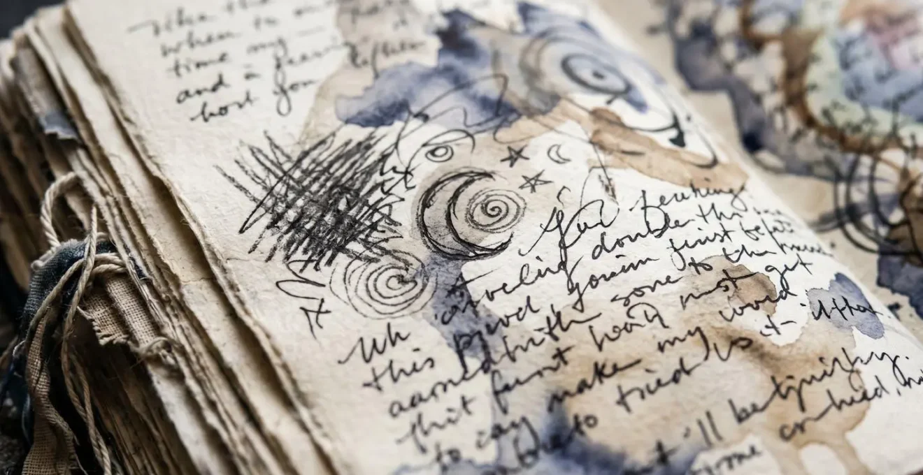 Carnet de rêves ouvert avec dessins symboliques personnels et notes manuscrites