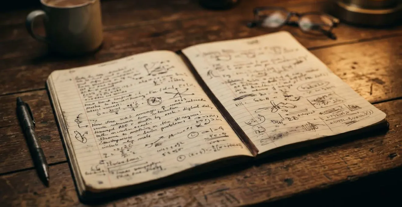 Carnet ouvert avec des annotations manuscrites floues et des symboles abstraits, éclairage tamisé sur une table en bois