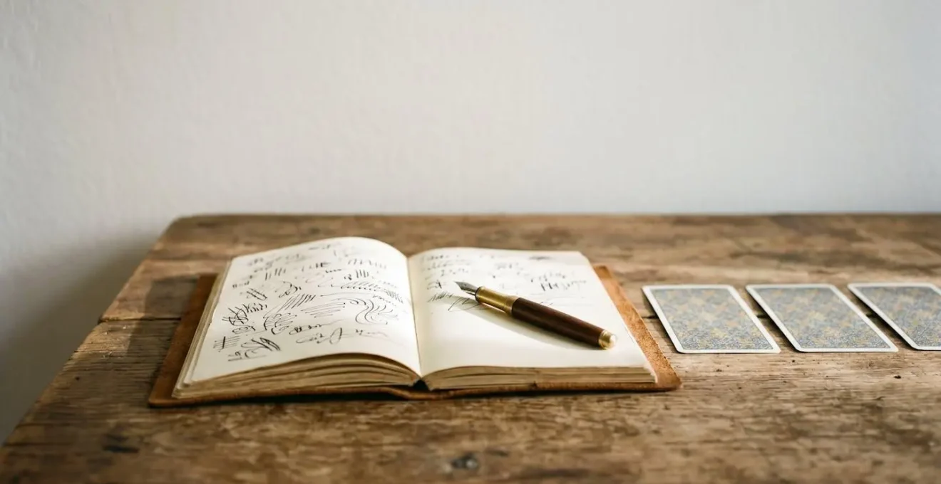 Carnet de notes ouvert avec stylo plume sur table en bois, cartes de tarot floues en arrière-plan