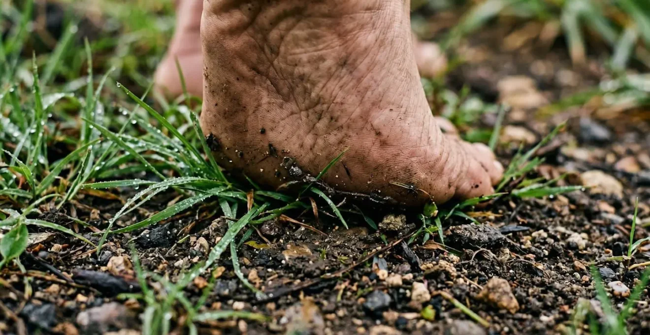 Personne marchant pieds nus sur l'herbe pour s'ancrer après une séance de divination