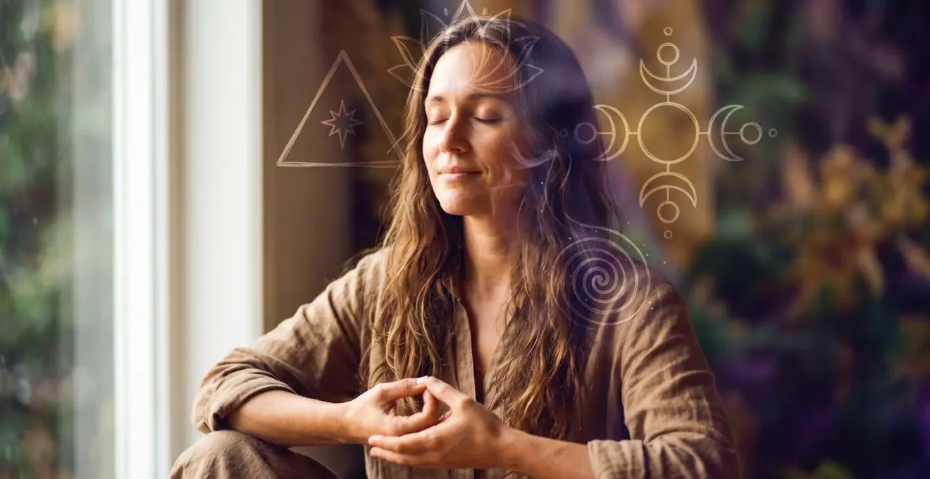 Personne en méditation profonde entourée de symboles de tarot flottants dans une atmosphère mystique