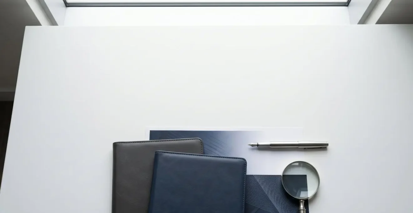 Vue aérienne minimaliste d'un bureau épuré avec documents professionnels soigneusement organisés et une loupe posée délicatement sur des papiers