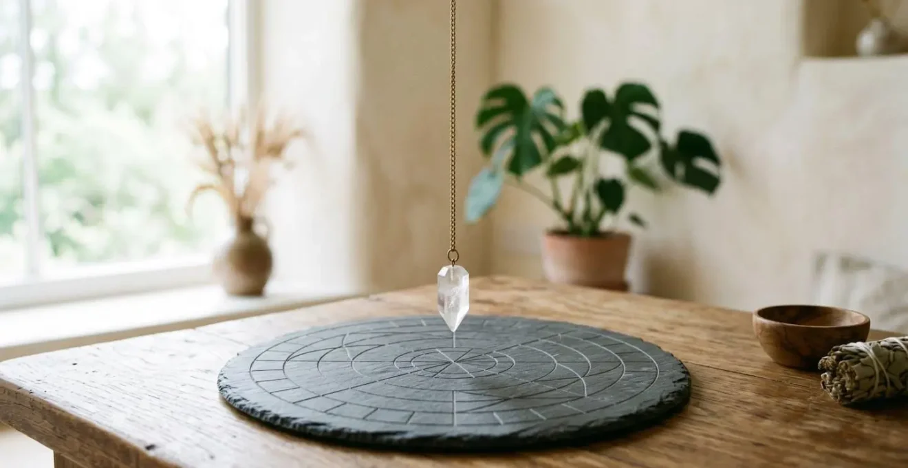 Pendule en cristal suspendu au-dessus d'un cadran de Bovis en ardoise naturelle avec graduations visibles