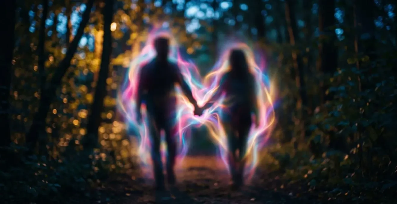 Deux silhouettes floues se tenant la main avec auras colorées entrelacées